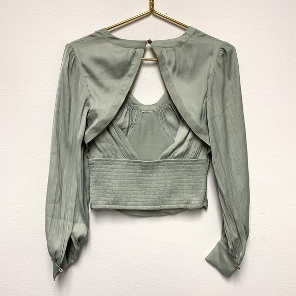 Anthropologie Open Back Corset Style Blouson Sleeve Blouse XXS Silky Ruched Mint - Picture 5 of 12